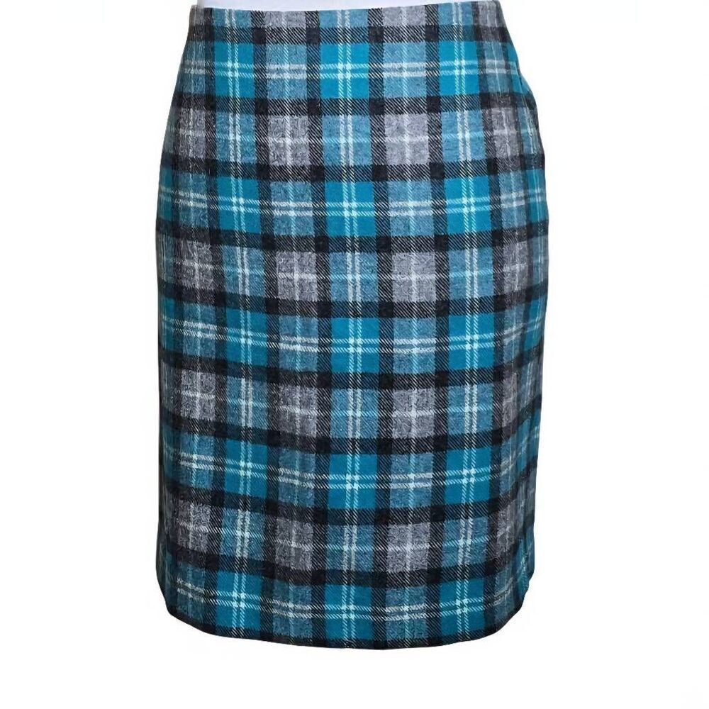 Talbots Plaid Wool Mini Skirt Green Teal Gray Size 6 Petite